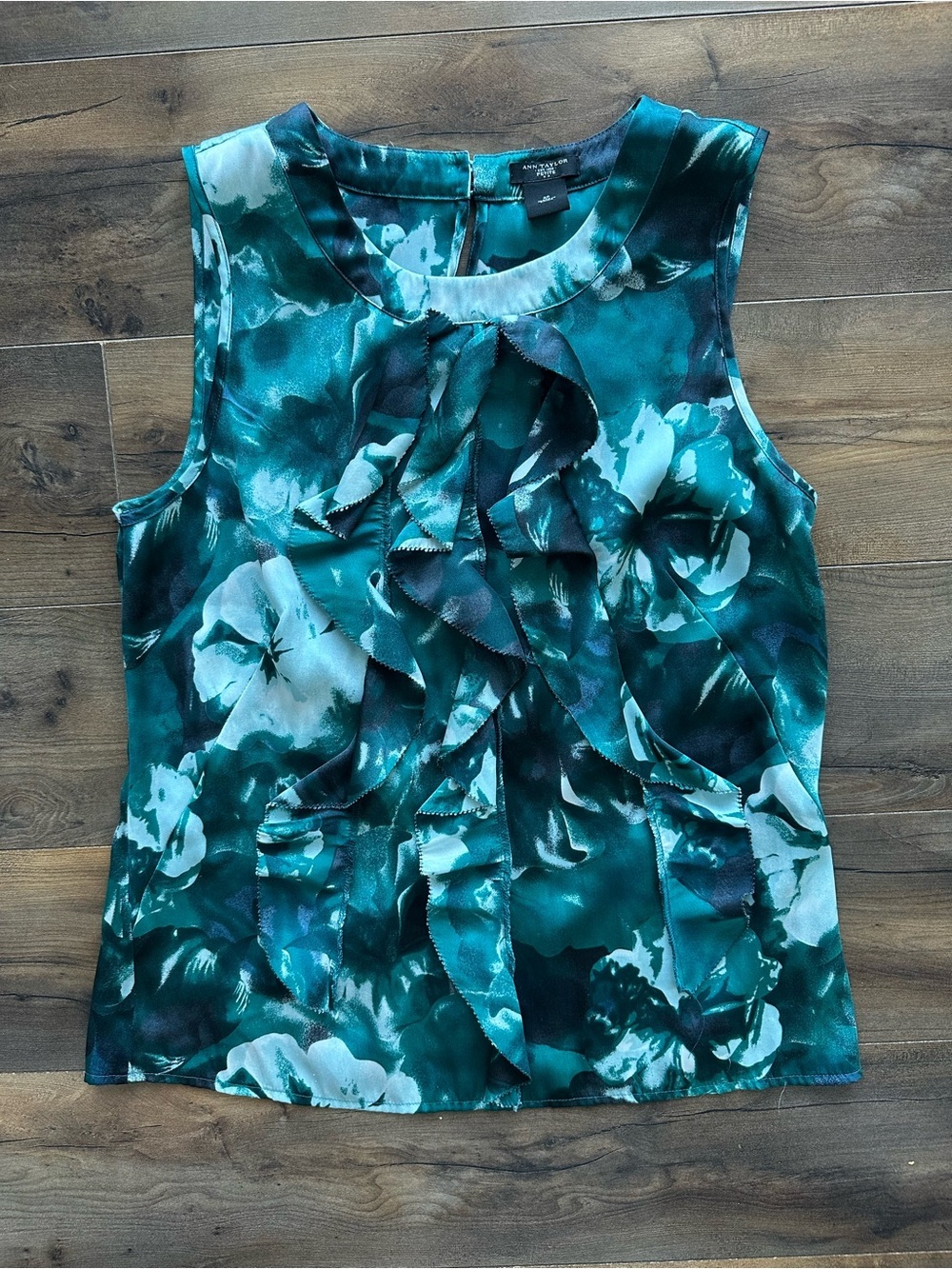 Ann Taylor Petite Teal Floral Ruffle Sleeveless Blouse Top Size 6P